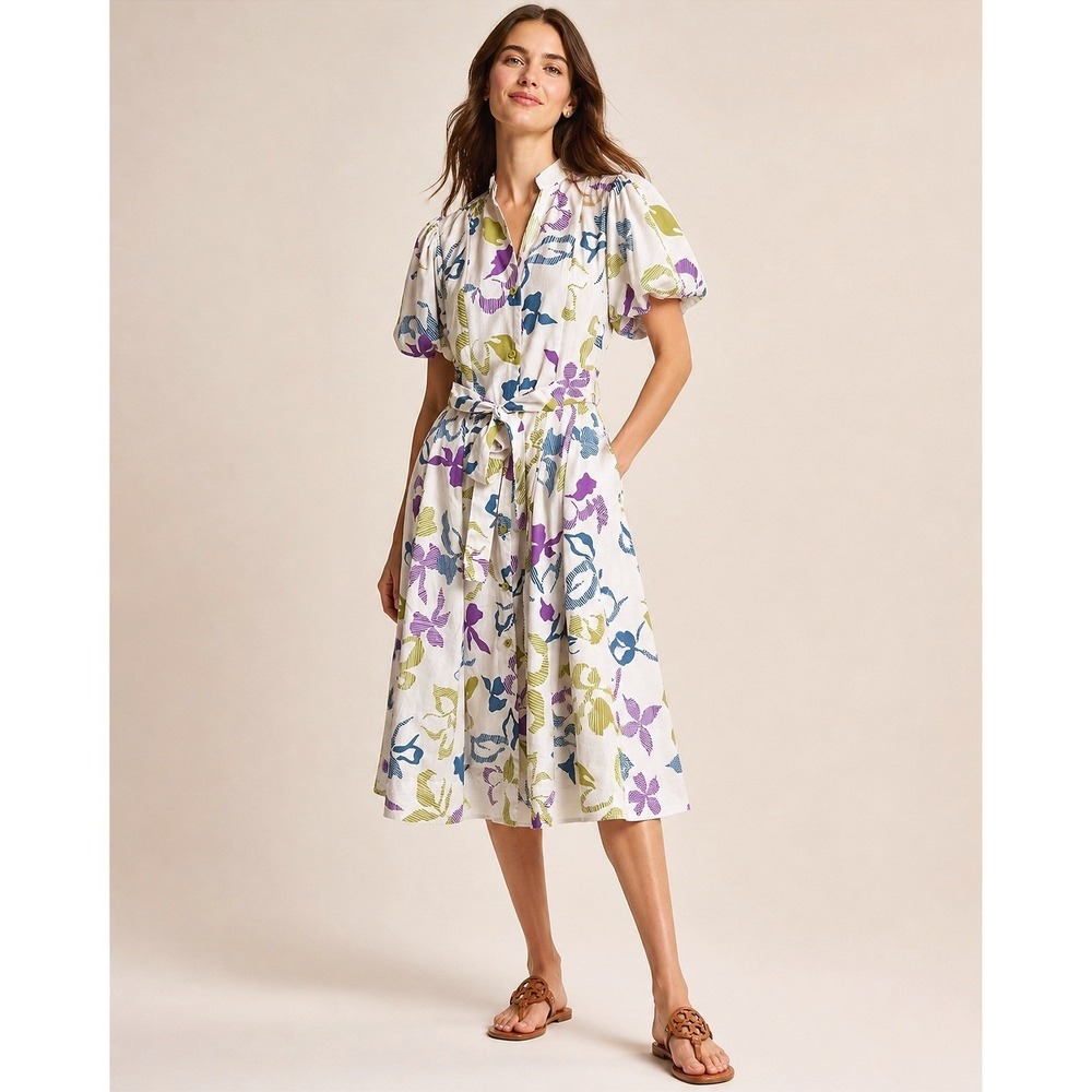 CQ by CQ Womens Floral Puff Sleeve Belted Midi Shirt Dress Cream S Tropicalβ